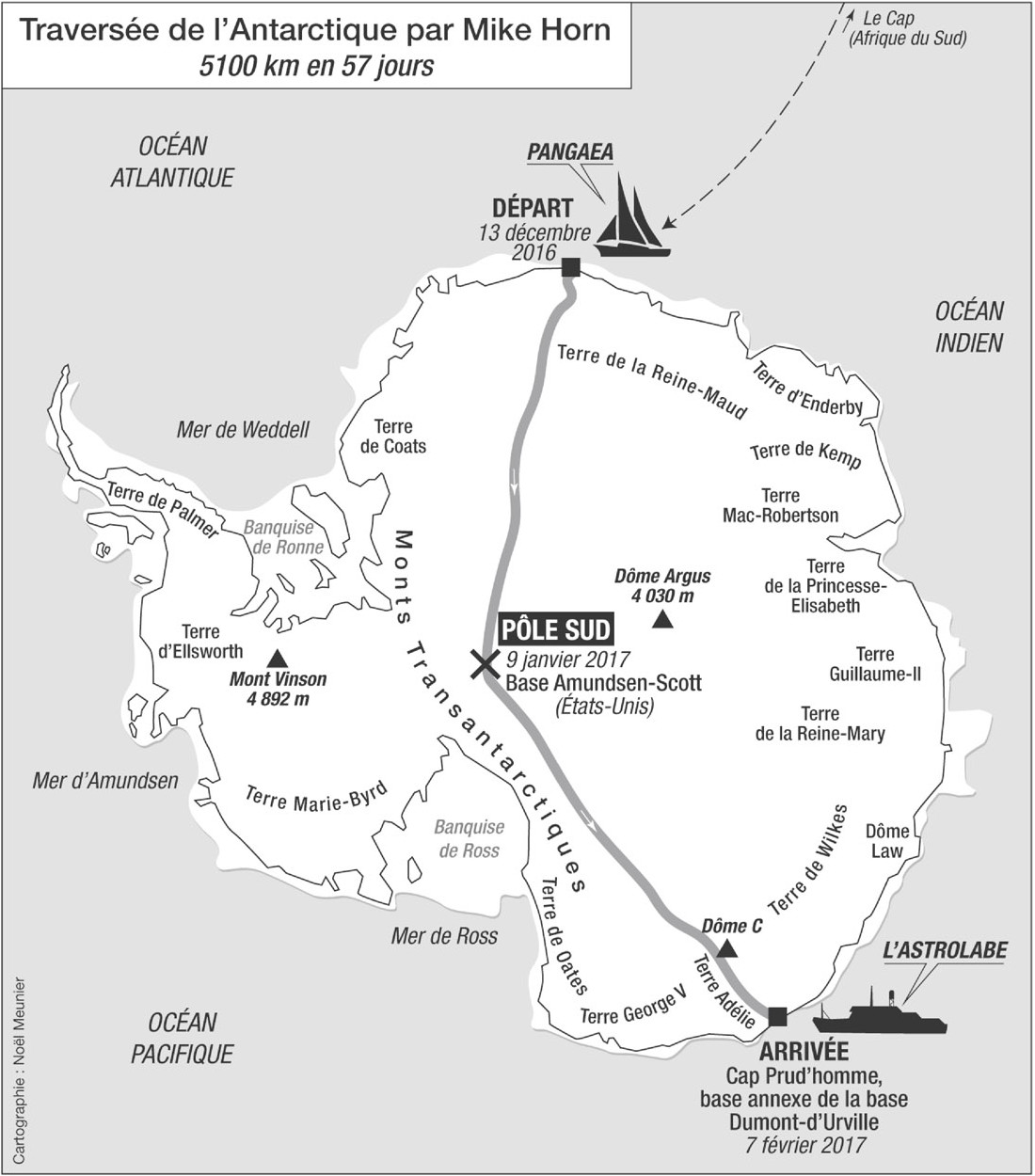 Carte de l'expédition de Mike Horn en Antarctique (d'après son livre)